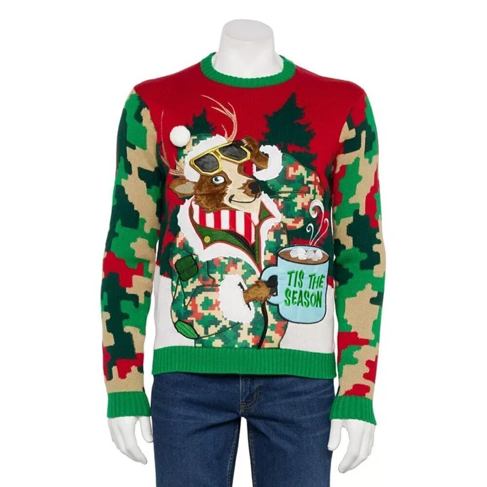 Celebrate Together Red Green Camouflage Reindeern Ugly Christmas Sweater NEW 2XL